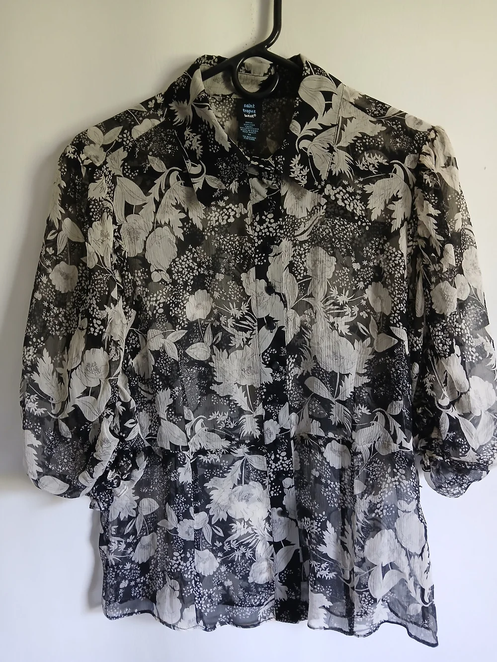 Sheer Black & White Floral Button-Up Blouse 100% Silk SzM Puff Sleeve